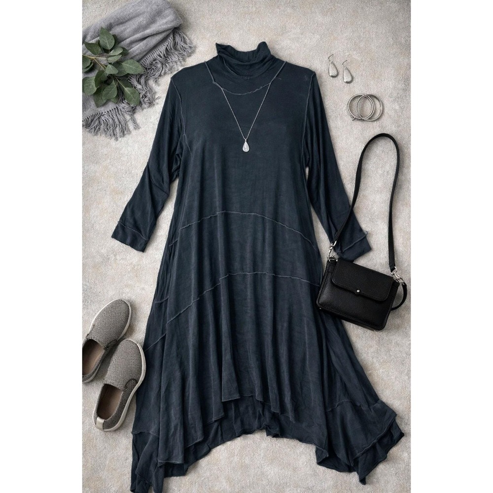 Heydari Funnel Neck Sharkbite Dress Wms OS Charcoal Gray Lagenlook Avant Garde